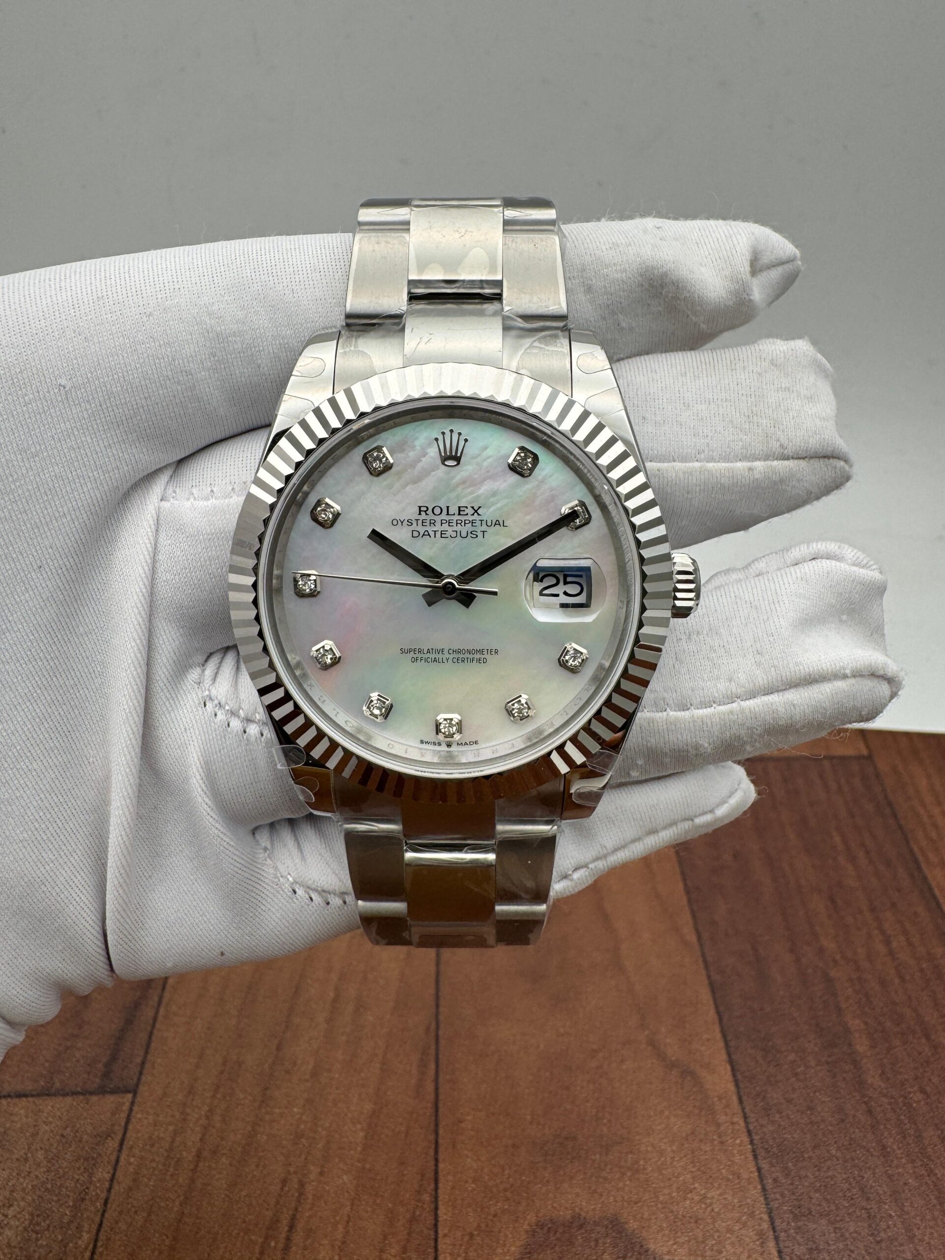 Rolex Datejust 41 Mother of Pearl Diamond Dial Stainless Steel Fluted Bezel Oyster Bracelet