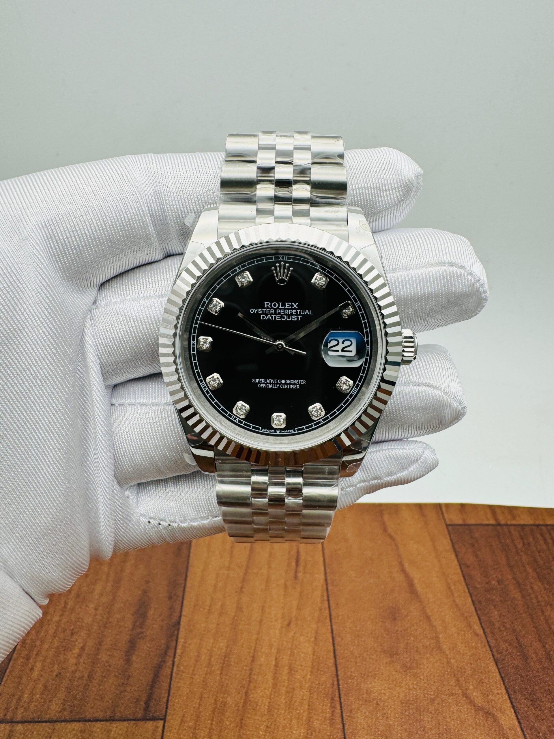 Rolex Datejust Diamond Set Bright Black Dial 41mm Jubilee Bracelet Replica Watch